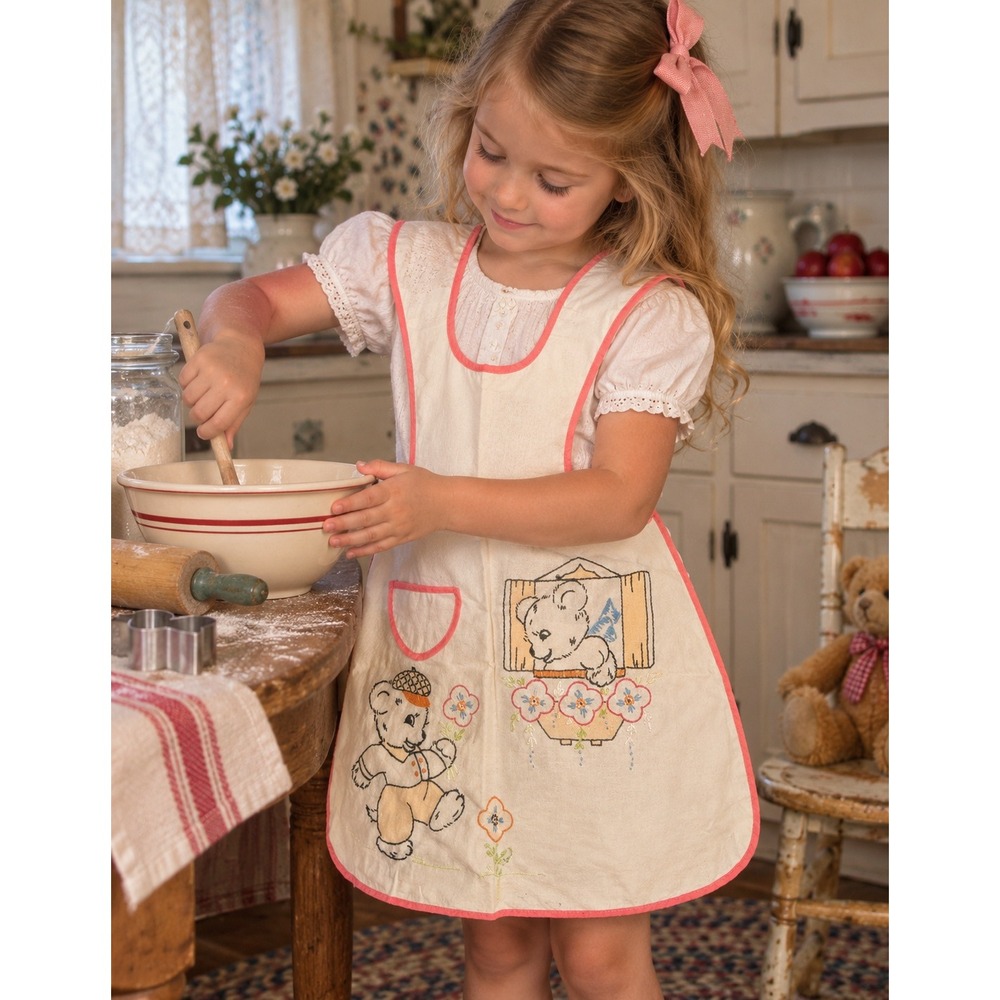Vintage 1940s Handmade Embroidered Childrens Apron Teddy Bear Pink Trim 23x13